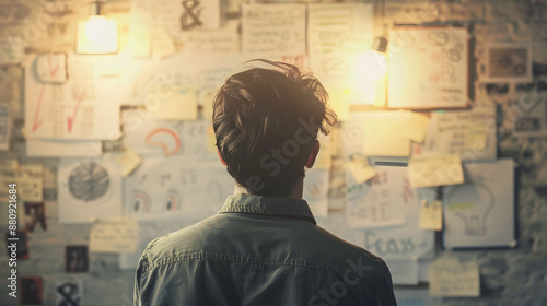 Person analyzing a bulletin board covered with notes, sketches, and ideas under warm lighting, symbolizing creativity and brainstorming.