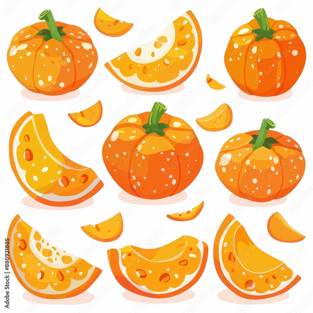 Illustration of whole and sliced pumpkins with vibrant orange color and green stems, perfect for autumn and Halloween designs. Illustration of whole and sliced pumpkins with vibrant orange color and green stems, perfect for autumn and Halloween designs.