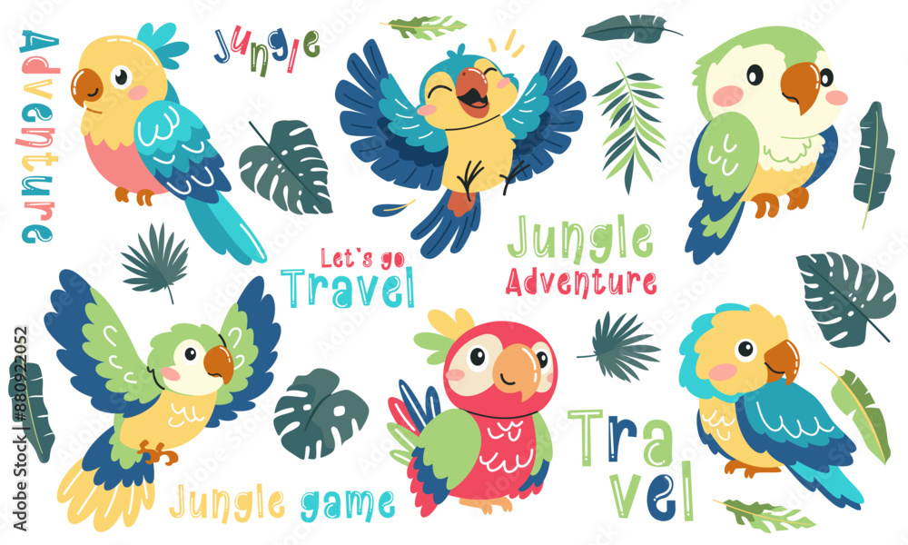 Fototapeta premium Set of vector illustrations in children's style. Cute cartoon parrots in different poses and tropical leaves, lettering. Vector illustration