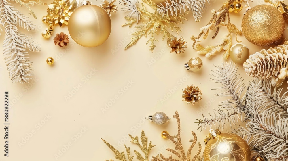 Shiny gold Christmas decor on beige backdrop with space for text Glittery gold holiday arrangement Shiny gold Christmas decor on beige backdrop with space for text Glittery gold holiday arrangement