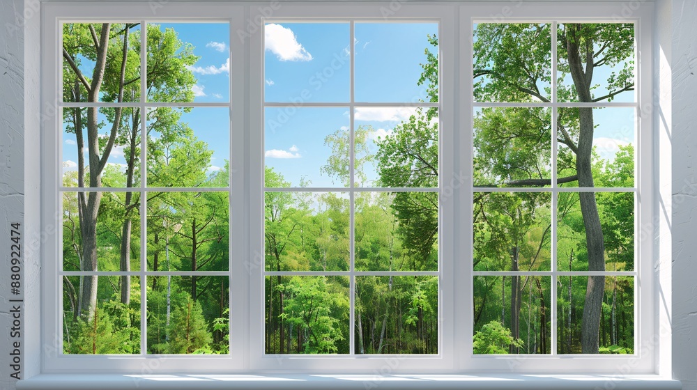 White Window Frame. Outside View of Forest with Blue Sky and Trees, Capturing Serene Natural Beauty and Tranquility from Indoors. White Window Frame. Outside View of Forest with Blue Sky and Trees, Capturing Serene Natural Beauty and Tranquility from Indoors.