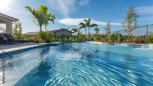 A clean and inviting backyard pool, with the water perfectly still and reflecting the sky