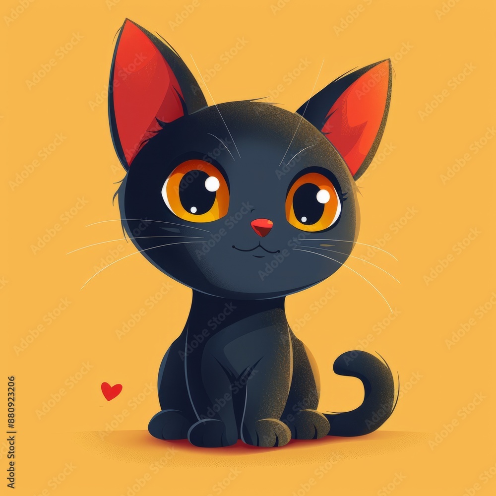 Funny cartoon black cat with big eyes sitting on orange background Funny cartoon black cat with big eyes sitting on orange background