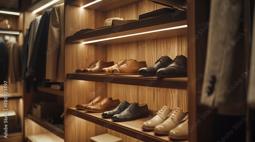 A detailed close-up view of a closet in a modern dressing room, featuring neatly arranged shoes and hanging clothes, soft lighting highlighting the organization and style A detailed close-up view of a closet in a modern dressing room, featuring neatly arranged shoes and hanging clothes, soft lighting highlighting the organization and style