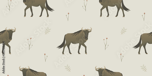 Wildebeest, antelope seamless pattern design. Simple vector background. Exotic animal illustration.