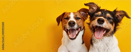 Two dogs are smiling and looking at the camera on yellow background. Free copy space for banner.