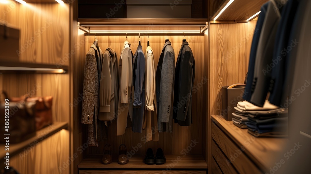 A detailed scene of a modern wooden wardrobe with clothes hanging on a rail in a walk-in closet, soft lighting highlighting the organization and style