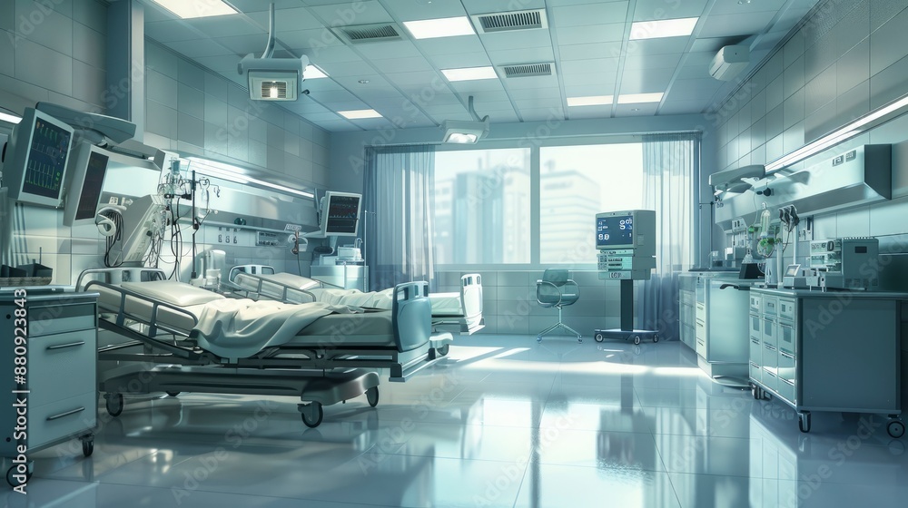 A detailed digital rendering of an empty hospital intensive care unit, featuring modern medical equipment, clean lines A detailed digital rendering of an empty hospital intensive care unit, featuring modern medical equipment, clean lines