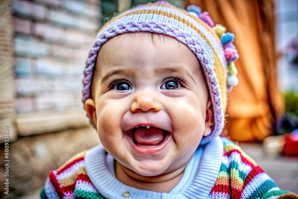 A joyful baby wearing a colorful beanie is smiling brightly, showcasing pure happiness. Background is blurred focusing on the baby's face. A joyful baby wearing a colorful beanie is smiling brightly, showcasing pure happiness. Background is blurred focusing on the baby's face.