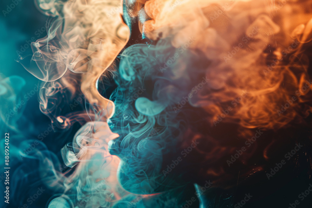 Facing silhouettes outlined by swirling colorful smoke convey a sense of mystery and connection, blending human form and ethereal elements. Facing silhouettes outlined by swirling colorful smoke convey a sense of mystery and connection, blending human form and ethereal elements.