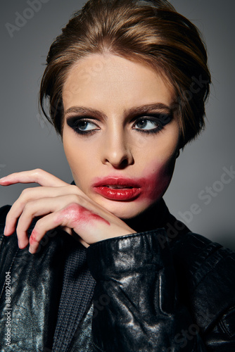 Fotografie A woman with dark makeup and a leather jacket poses against a grey backdrop