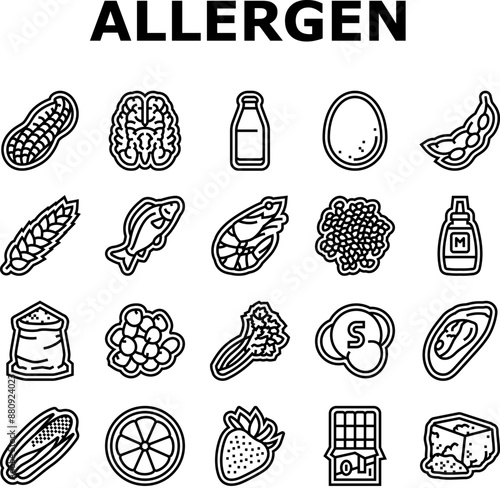 allergen product food free icons set vector. gluten organic, product gmo, label cosmetic, sugar allergy, cruelty allergen product food free black contour illustrations