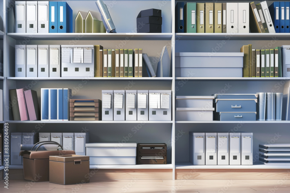 Shelves lined with neatly organized binders, boxes, and files in a modern office setting. Shelves lined with neatly organized binders, boxes, and files in a modern office setting.