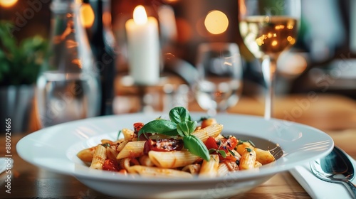 Magnificent A pan of pasta with tomato sauce and basil on top