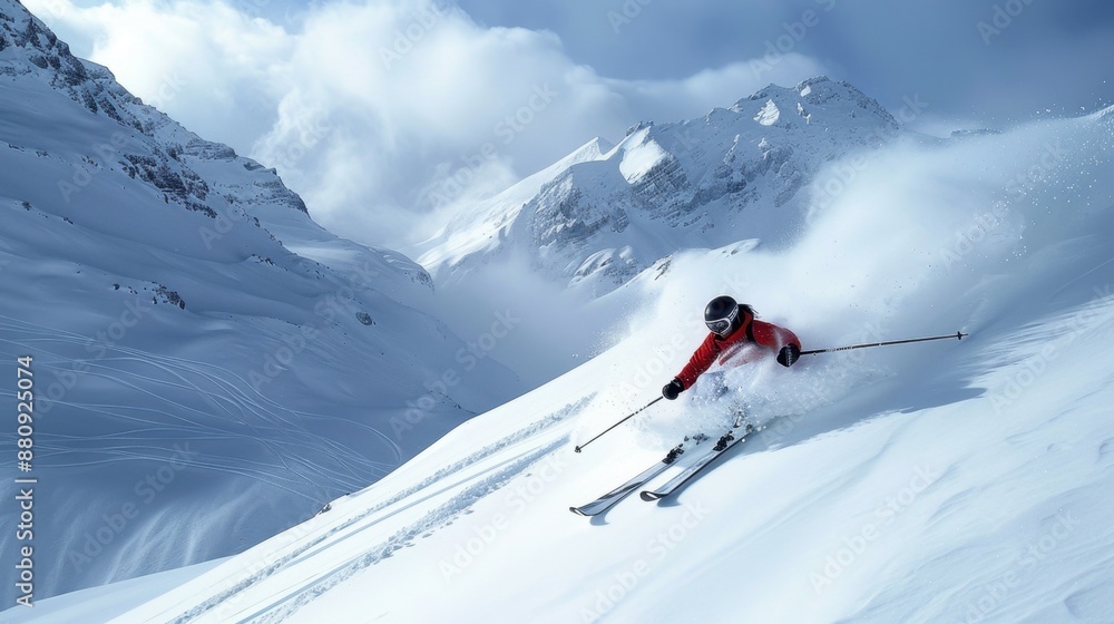 Action-packed scene of a skier expertly descending a snowy mountain slope, capturing the excitement and skill of winter sports in a breathtaking alpine setting. Action-packed scene of a skier expertly descending a snowy mountain slope, capturing the excitement and skill of winter sports in a breathtaking alpine setting.