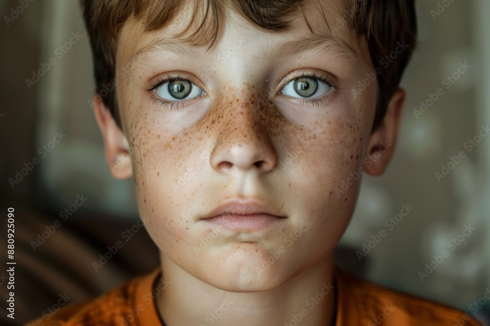 A young boy with freckles stares intently into the camera, his piercing eyes conveying a sense of curiosity and thoughtfulness. A young boy with freckles stares intently into the camera, his piercing eyes conveying a sense of curiosity and thoughtfulness.