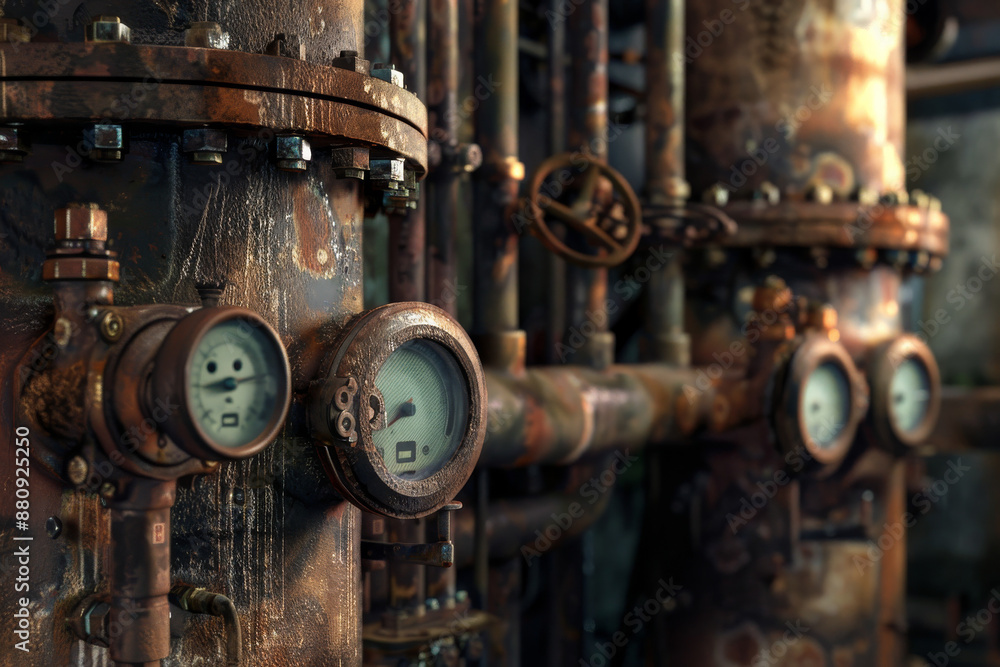 Intricately detailed rust-covered pipes and gauges of vintage industrial machinery, speaking of time and robust use. Intricately detailed rust-covered pipes and gauges of vintage industrial machinery, speaking of time and robust use.