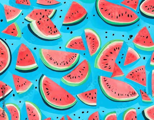Slices of watermelon arranged neatly on a bright blue background. The vibrant red flesh of the fruit contrasts beautifully with the cool blue backdrop, creating a visually striking image.