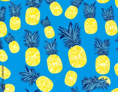 Blue Background With Yellow Pineapples. A blue background featuring vibrant yellow pineapples scattered across the surface. 
