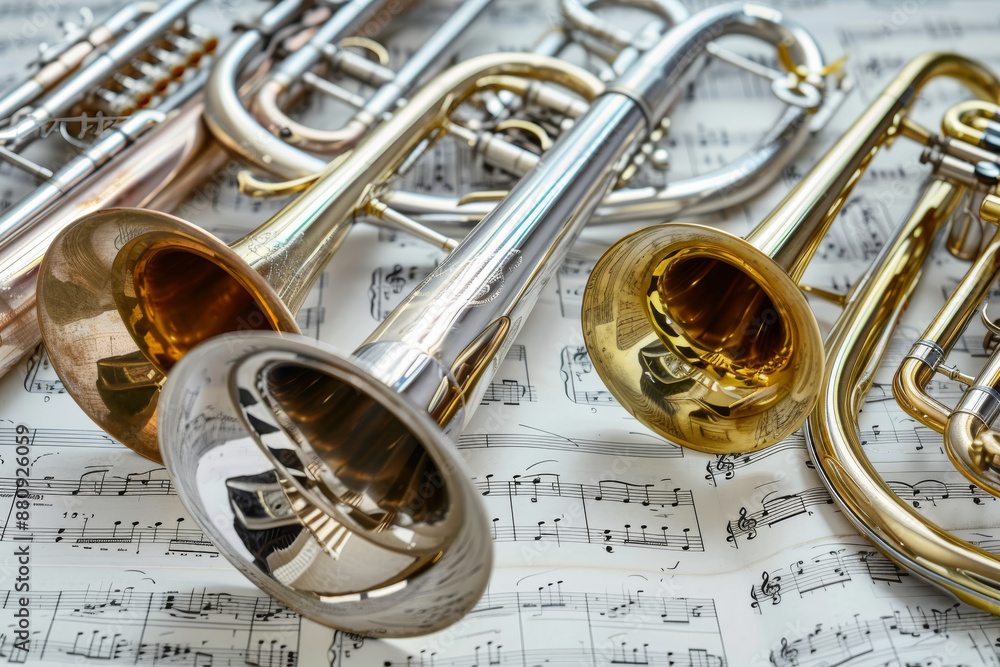 Naklejka premium Shiny trumpets and other brass instruments resting on a music sheet background, ready to create harmonious melodies.