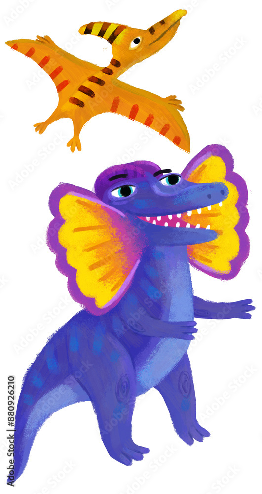 Fototapeta premium cartoon happy and funny colorful prehistoric dinosaur dino dilophosaurus and quetzalcoatlus pterodactyl bird flying isolated illustration for children
