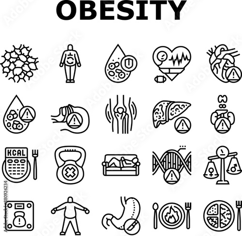 obesity overweight fat obese icons set vector. weight body, woman belly, diet lifestyle, health person, loss healthy, fit obesity overweight fat obese black contour illustrations