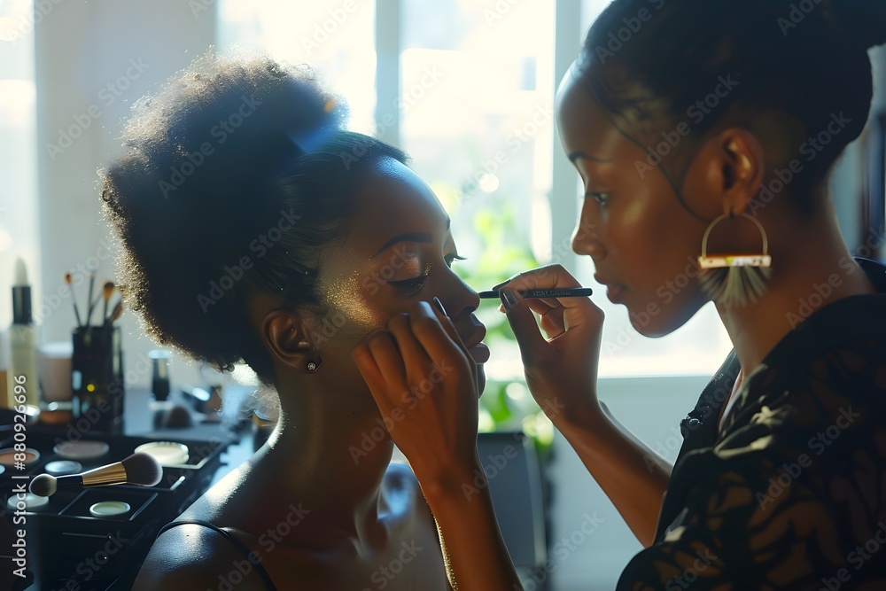 Fototapeta premium A makeup artist applying makeup to a client in a brightly lit studio, showcasing professional beauty services
