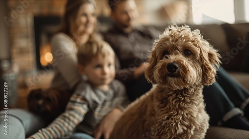 A heartwarming scene of a little boy bonding with his dog while his parents sit in the background, soft lighting and cozy surroundings capturing their connection and joy