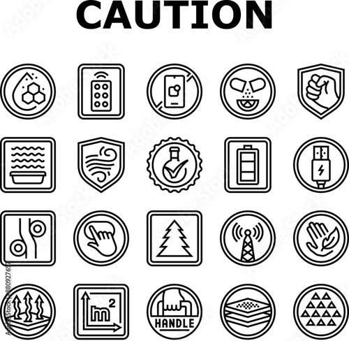 product caution label warning icons set vector. clean formula, remote control, no app required, vitamin, durability, microwave safe product caution label warning black contour illustrations