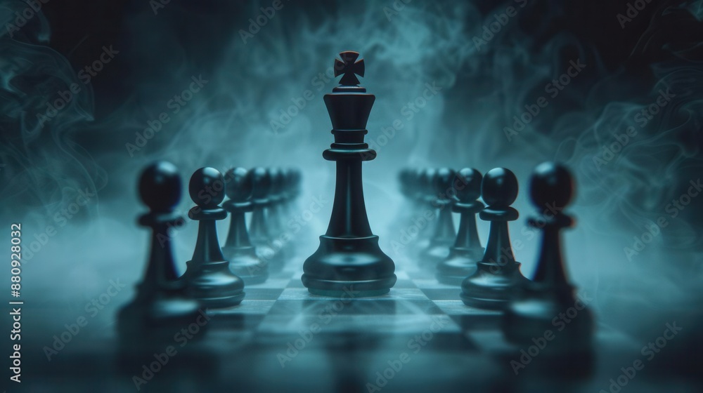 Black chess pieces on a chessboard with a dark background. Black chess pieces on a chessboard with a dark background.