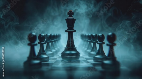 Black chess pieces on a chessboard with a dark background.