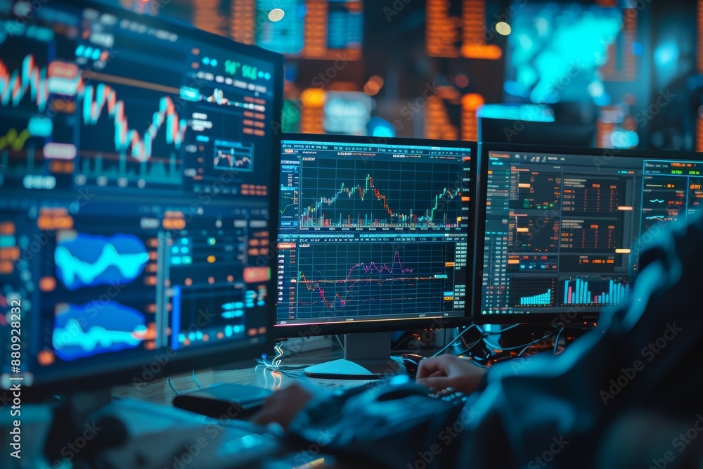 Fototapeta premium Stock Trader's Desk with Multiple Monitors Displaying Real-Time Market Data and Financial Charts