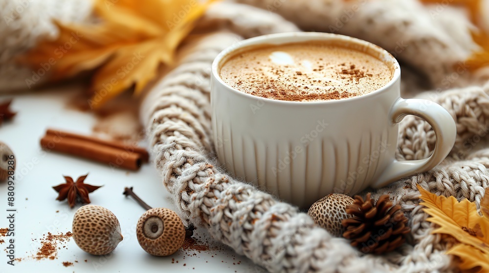 autumn composition cup of coffee brown blanket acorns cinnamon sticks on white background flat lay top view autumn composition cup of coffee brown blanket acorns cinnamon sticks on white background flat lay top view