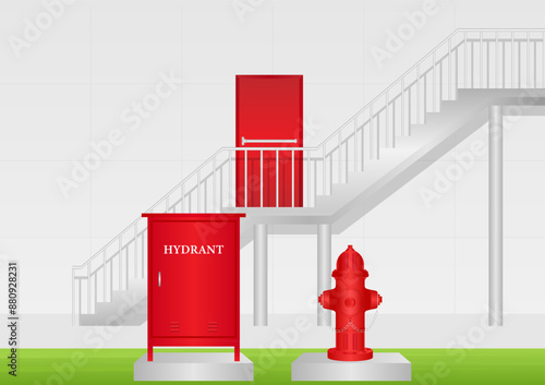 Hydrant Box and Fire Hydrant Outside the Office Building. Vector Illustration. 