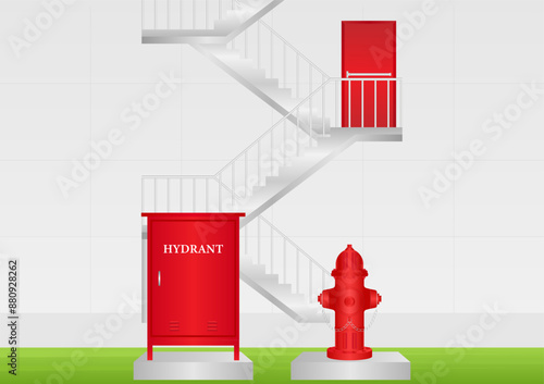 Hydrant Box and Fire Hydrant Outside the Office Building. Vector Illustration. 