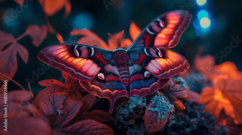 AI Generated illustration A Neon Color cecropia moth is sitting on a huge maple leaf photo