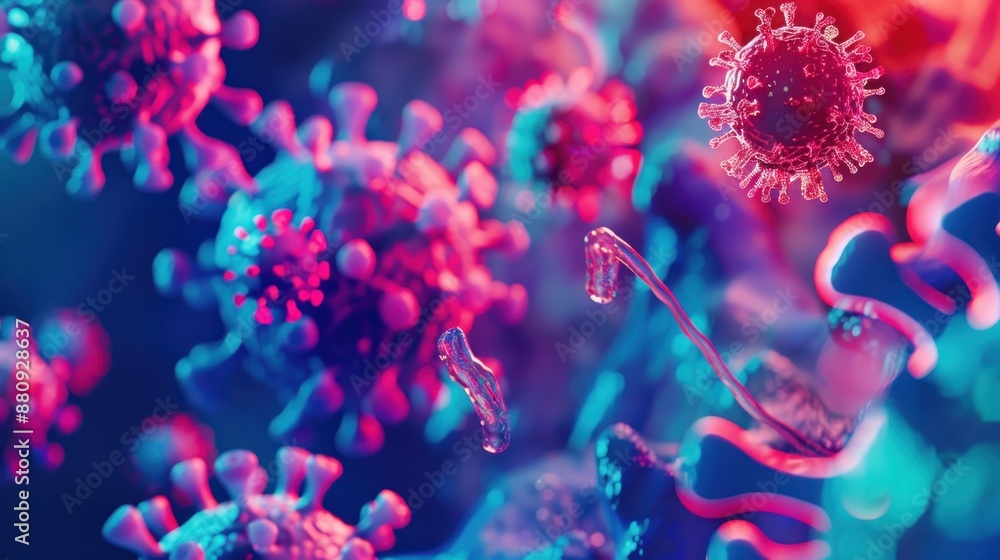 Abstract 3D Rendering of Pink and Blue Virus Particles Abstract 3D Rendering of Pink and Blue Virus Particles
