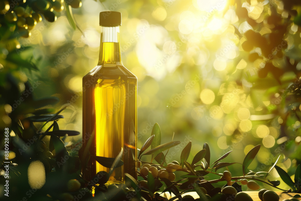 A bottle of golden olive oil gleaming in sunlight, surrounded by olive branches, evoking the essence of Mediterranean agriculture. A bottle of golden olive oil gleaming in sunlight, surrounded by olive branches, evoking the essence of Mediterranean agriculture.