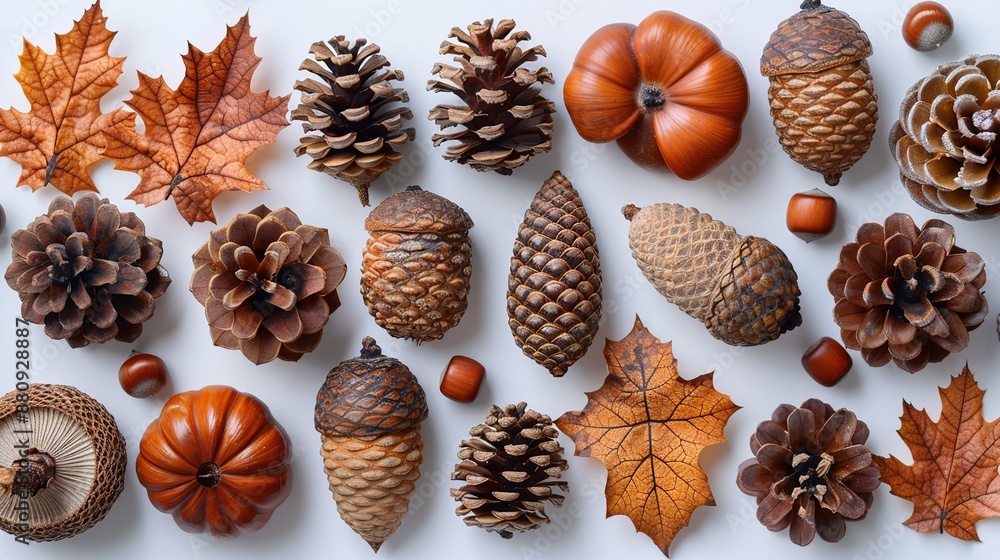 autumn composition flat lay pine cones acorns decor on white background top view overhead autumn composition flat lay pine cones acorns decor on white background top view overhead