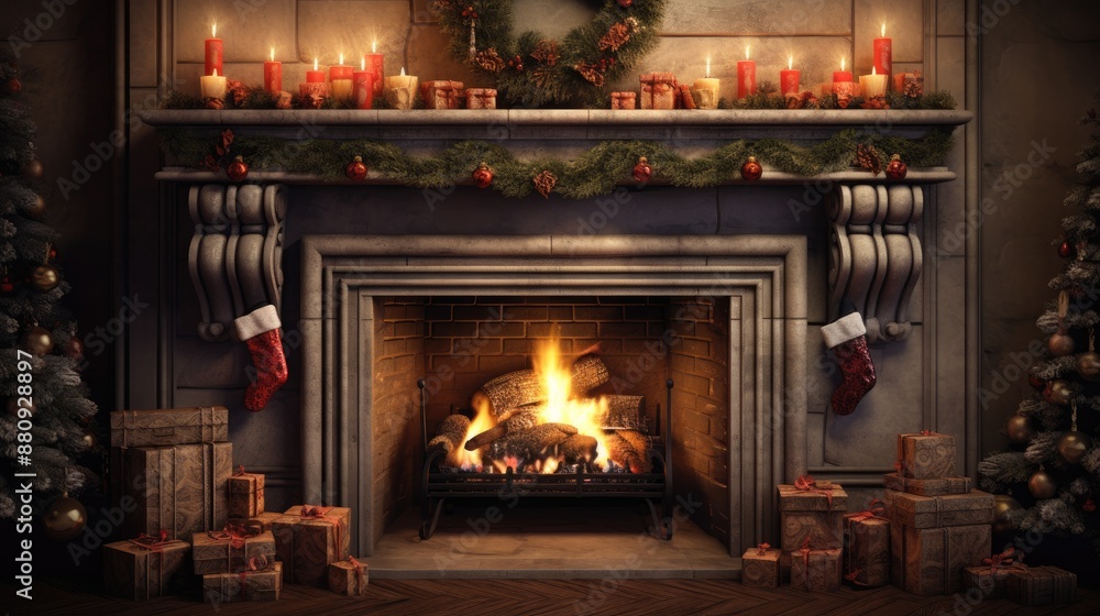 Cozy Christmas Fireplace with Presents and Stocking. Cozy Christmas Fireplace with Presents and Stocking.