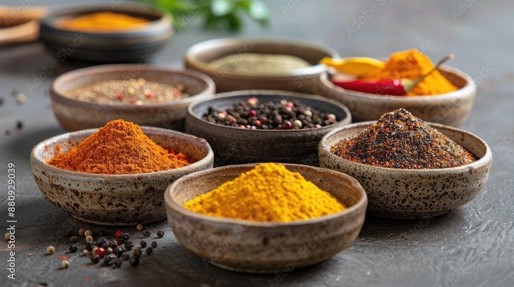 Exotic spices and powders in small ceramic dishes Exotic spices and powders in small ceramic dishes
