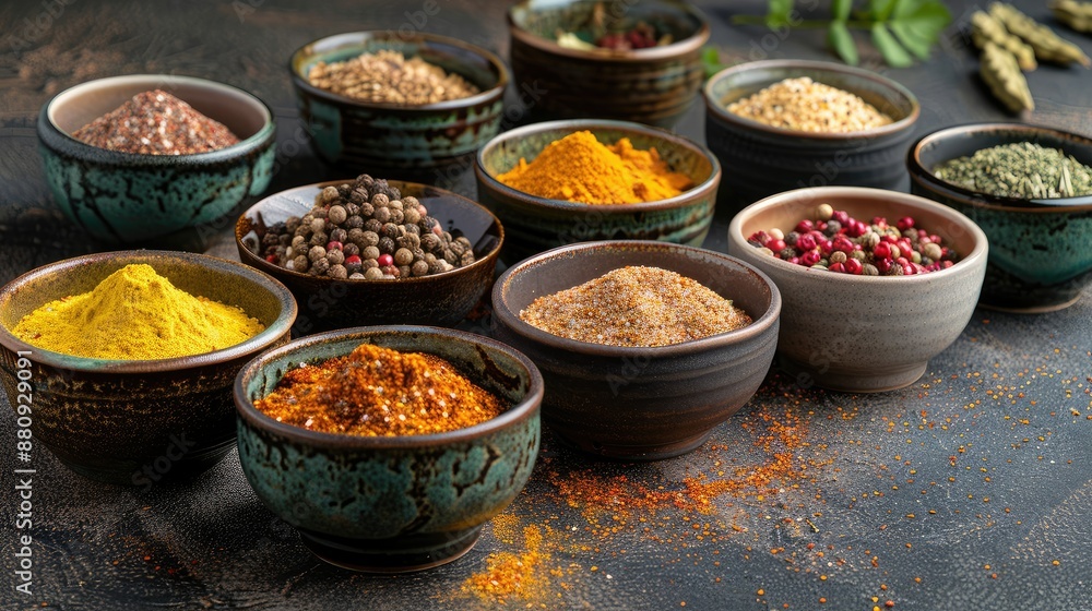 Exotic spices and powders in small ceramic dishes Exotic spices and powders in small ceramic dishes