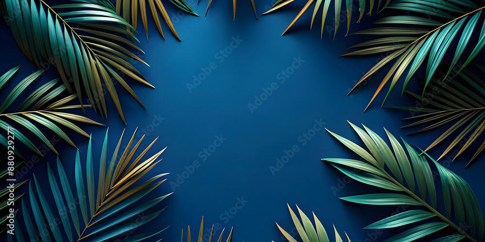 Tropical fern leaves on blue background with copy space Tropical fern leaves on blue background with copy space
