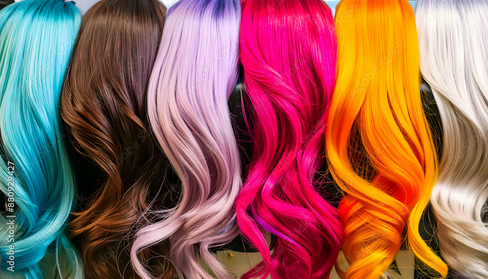background.a close-up of colorful wig hairpieces in a hair salon, showcasing the various hair color dyes available background.a close-up of colorful wig hairpieces in a hair salon, showcasing the various hair color dyes available