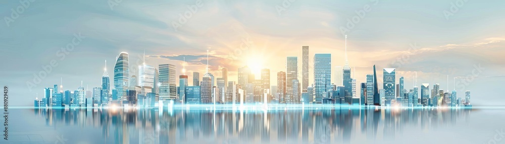 Fototapeta premium A smart city skyline featuring hyperloop terminals integrated with sustainable architecture and green energy solutions, highly detailed, photorealistic