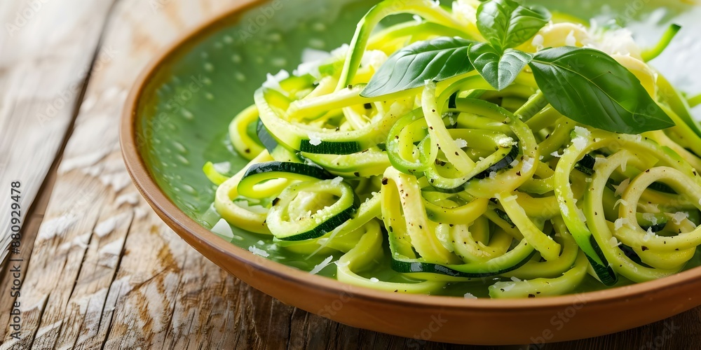 Zucchini Noodles with Basil and Parmesan Served on a Rustic Plate. Concept Vegetarian Recipes, Pasta Dishes, Zucchini Noodles, Fresh Basil, Parmesan Cheese Zucchini Noodles with Basil and Parmesan Served on a Rustic Plate. Concept Vegetarian Recipes, Pasta Dishes, Zucchini Noodles, Fresh Basil, Parmesan Cheese