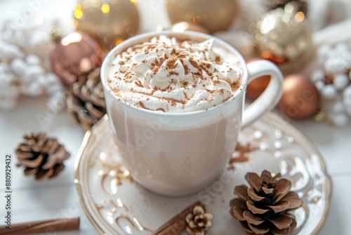 Hot chocolate and whipped cream in christmas background