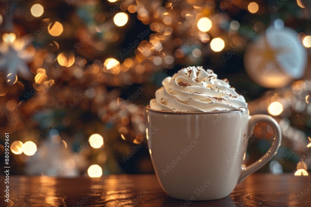 Hot chocolate and whipped cream in christmas background Hot chocolate and whipped cream in christmas background