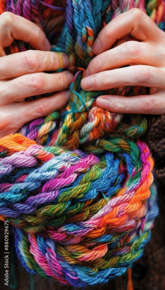Close-Up of Hands Knitting a Colorful Scarf - Detailed Yarn Texture for Craft and Art Projects Close-Up of Hands Knitting a Colorful Scarf - Detailed Yarn Texture for Craft and Art Projects