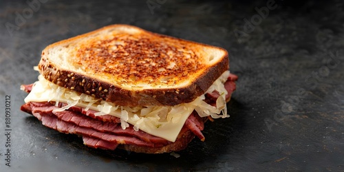 Classic Reuben Sandwich with Corned Beef, Swiss Cheese, Sauerkraut, and Russian Dressing. Concept Sandwich Recipe, Reuben Sandwich, Corned Beef, Swiss Cheese, Sauerkraut, Russian Dressing